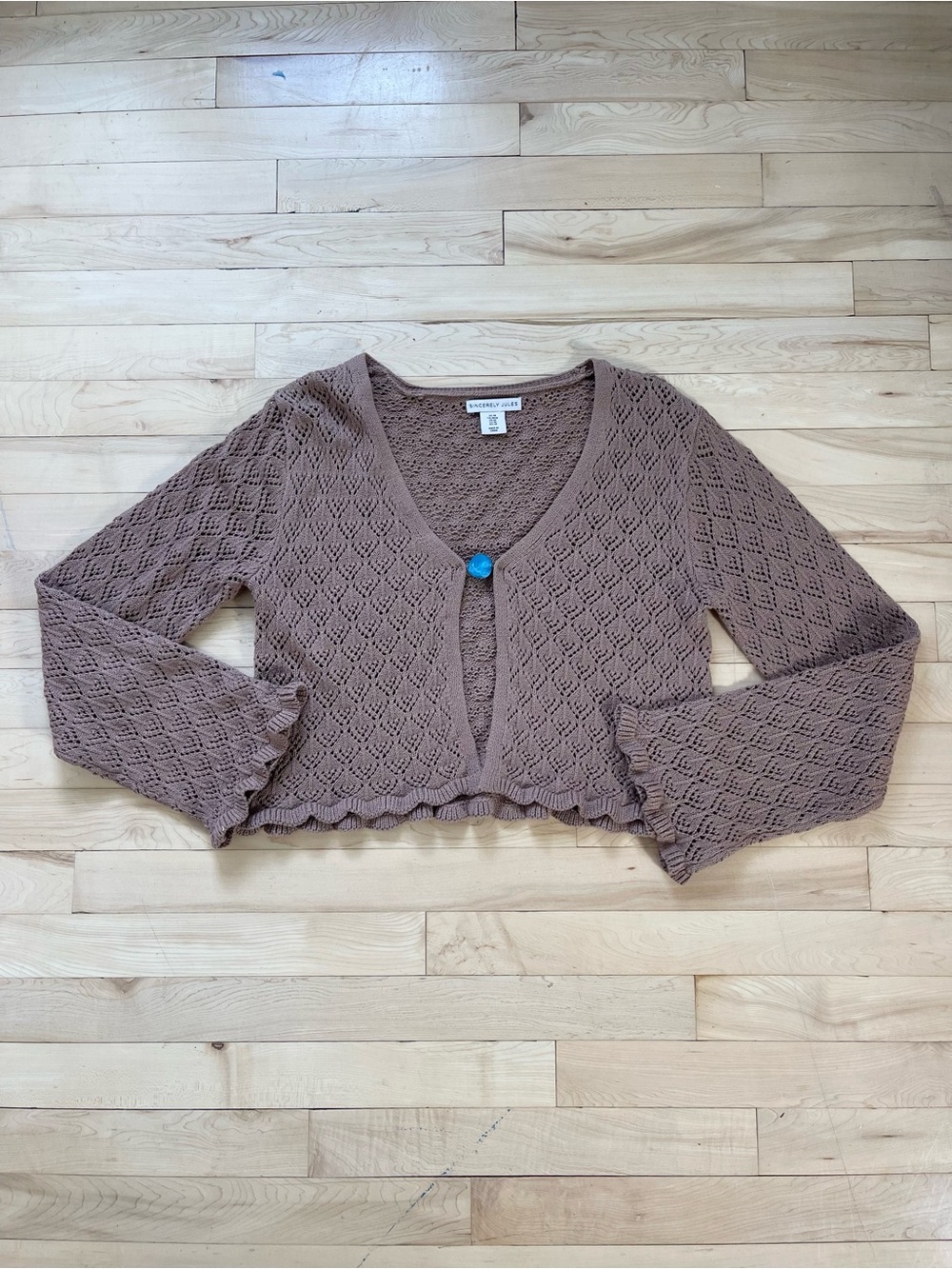Sincerely Jules Brown Cropped Open-Knit Cardigan